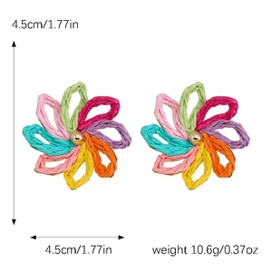 Detail showing dimensions of colorful woven raffia flower earrings with golden center bead