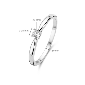 Detail showing a 0.10 carat round diamond in a 2.0mm silver-toned four-prong ring setting