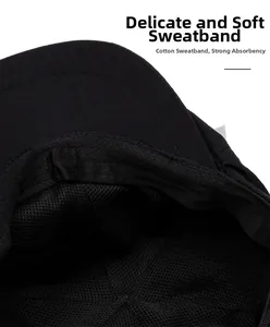 Detailed close-up of the breathable cotton sweatband inside the black mesh flat cap