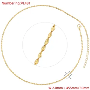 Detailed view of 2.0mm golden water wave chain necklace with lobster clasp and extension