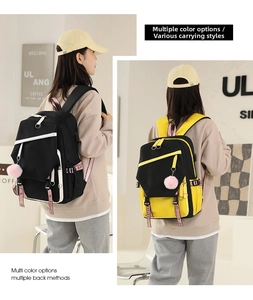 Detail of multi-pocket nylon backpacks in black and yellow-black with sport webbing