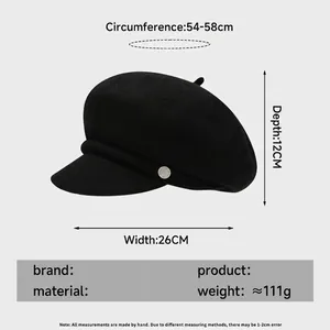 Wool beret size chart showing 54-58cm circumference and 26cm width on a black hat