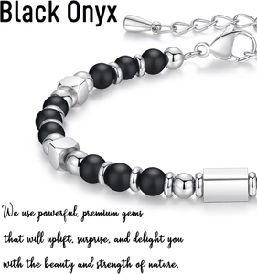 Detailed macro view of 4mm black onyx stone beads and silver stainless steel chain link