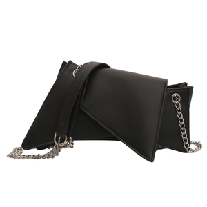 Minimalist black triangle leather shoulder bag with silver chain strap on white background