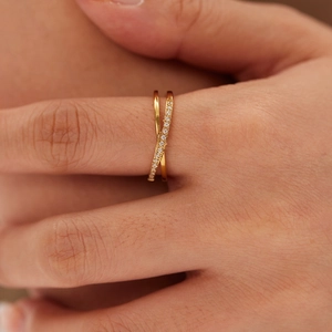 Stainless Steel Criss Cross Ring For Women Double Layer Micro Pave Zircon Slim Elegant Minimalist Jewelry