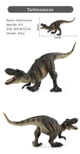 Detailed view of Tarbosaurus toy model showing skin texture and 26x10x12cm dimensions