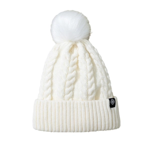 Winter chunky knit beanie in white with faux fur pompom and snowflake patch