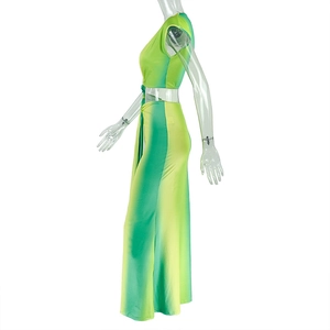 Detail view of the green to yellow gradient knit two-piece set on a mannequin