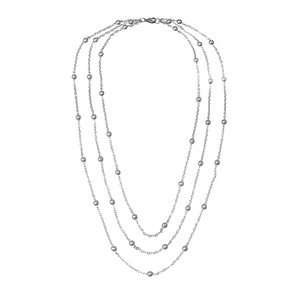 Detailed view of triple-layered silver stainless steel necklace with bead chain design