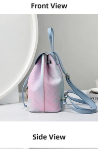 Detail view of pink and blue gradient backpack with floral prints and drawstring flap