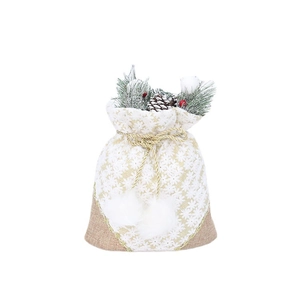 Christmas fabric gift bag with snowflake prints, plush balls, and golden drawstrings
