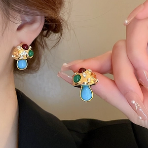 Vintage mushroom earrings with colorful enamel and crystals in a gold-tone finish