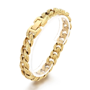Golden punk style Cuban chain bracelet for men with vintage floral pattern and buckle