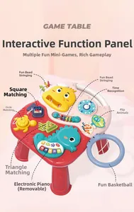 Close-up of baby walker game table with interactive piano keys and shape sorters
