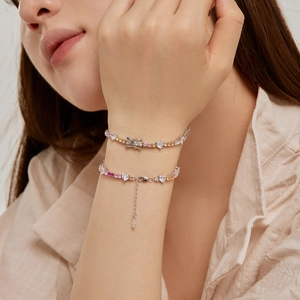 Elegant S925 sterling silver heart bracelet with colorful cubic zirconia tennis chain design