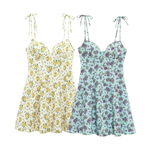 Floral print poplin mini dress with adjustable tie straps and sweetheart neckline