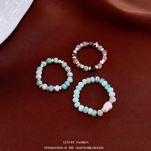 Hand-strung Beaded Ring Natural Amazonite Artificial Baroque Pearl Hematite Vintage Minimalist Elastic Finger Jewelry For Women