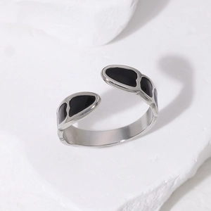 Minimalist silver titanium steel open ring featuring geometric black enamel drip patterns