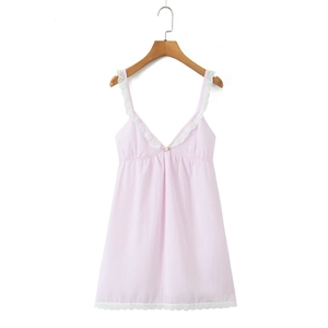 Pink striped slip dress for women with elegant white lace trim and slim straps