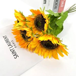 Lifelike artificial sunflower bouquet with five bright yellow silk flowers for home decor