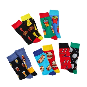 Colorful cotton crew socks with fun food patterns like burgers and fries in a set of five
