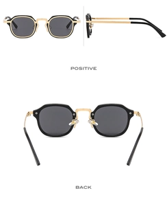 Detailed multi-angle views of square retro sunglasses with black and gold frames