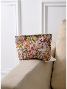 Vintage floral jacquard makeup bag with colorful embroidery on beige textured fabric