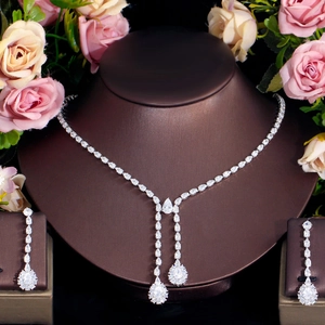 Luxury Copper Zirconia Water Drop Pendant Necklace And Earrings Elegant Bridal Wedding Y-Shaped Jewelry Accessories For Women