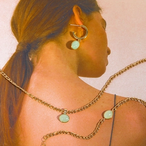 Vintage 18K gold plated Figaro chain necklace with green aventurine natural stone