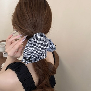 Detail of checkered scrunchie with bows worn by a model in a high-quality hair styling shot