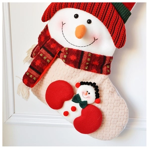 Macro view of knit Christmas stocking featuring a 3D plush snowman and honeycomb texture