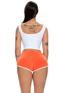 Rear view detail of women's orange stretch sports shorts with white contrast binding