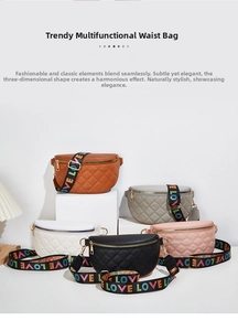 Macro detail of quilted crossbody bag showing vibrant LOVE printed strap and gold hardware