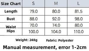 Size chart for women's sleeveless bodycon dress detailing length, bust, and hip in cm