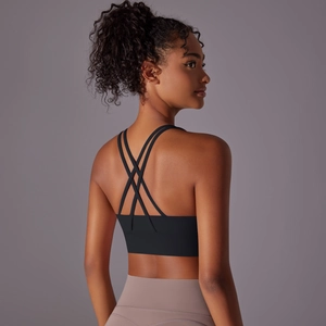 Dettaglio del design a incrocio multi-cinghia su reggiseno sportivo nero con fascia larga