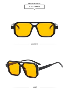 Front and side view of retro pilot sunglasses with black frames and orange lenses