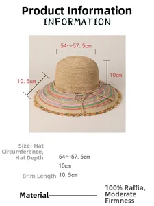 Detail of handmade raffia sun hat with rainbow brim and size specifications shown