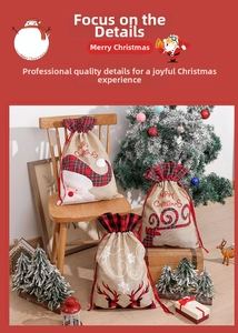 Three burlap Christmas drawstring gift bags with Santa and reindeer motifs on a wooden chair