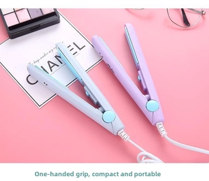 Mini hair straightener and curler in pastel blue and purple showing compact design