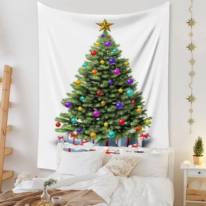 Detailed view of bohemian Christmas tree tapestry with colorful ornaments on white wall