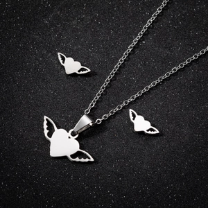 Elegant stainless steel jewelry set with winged heart pendant necklace and stud earrings