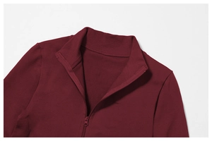 Detailed view of burgundy yoga top featuring a seamless stand collar and rib-knit zipper finish
