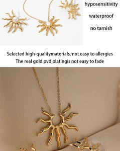 Detail of PVD gold plated sunburst jewelry set with waterproof and no tarnish features