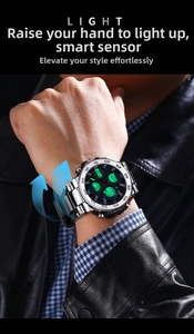 Detail of multi-functional dual-display sports watch with wrist-sensor backlight on wrist