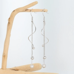Ethnic 925 sterling silver drop earrings with long tassels and frosted beads on wood