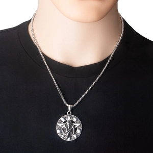Detail shot of male model wearing a silver stainless steel Grim Reaper star pendant necklace