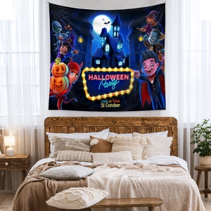 Detail of Halloween tapestry with cartoon characters hung as a cozy bedroom wall decor
