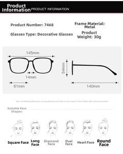 Detailed size chart for oversized metal frame sunglasses with 145mm total width and specs