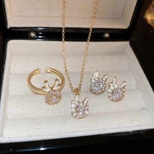Luxury gold rabbit jewelry set with zircon necklace, ring, and earrings in a gift box