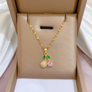 Cherry Pendant Necklace And Earrings Titanium Steel Copper Gold Plated Pink Cubic Zirconia Sweet Elegant For Women